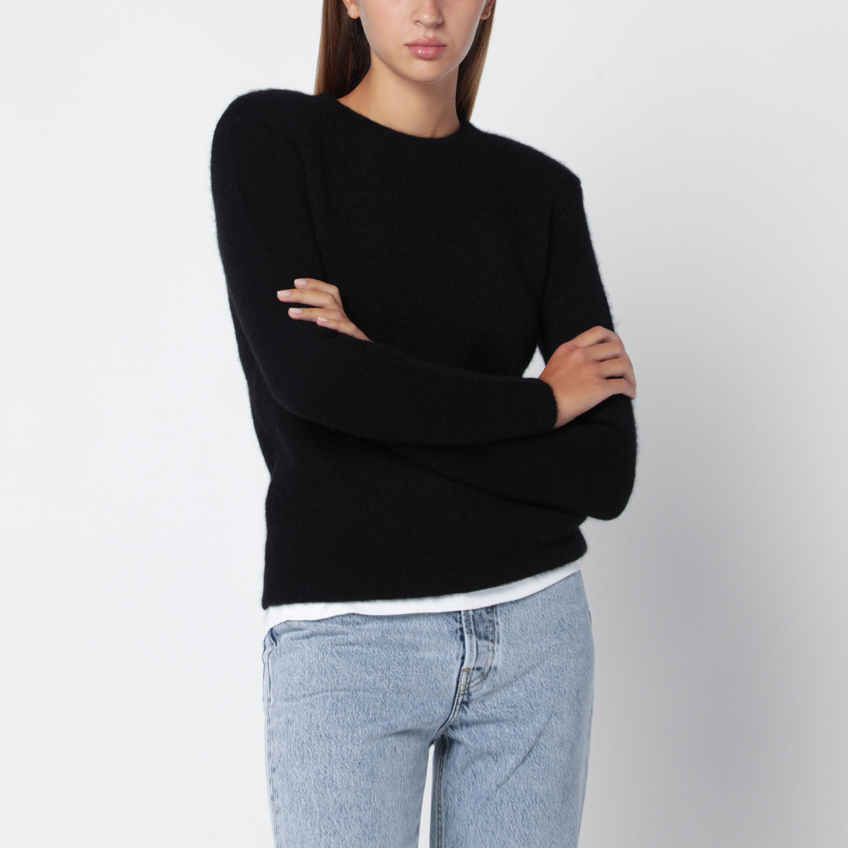 Pull col rond noir en mélange de soie et cachemire