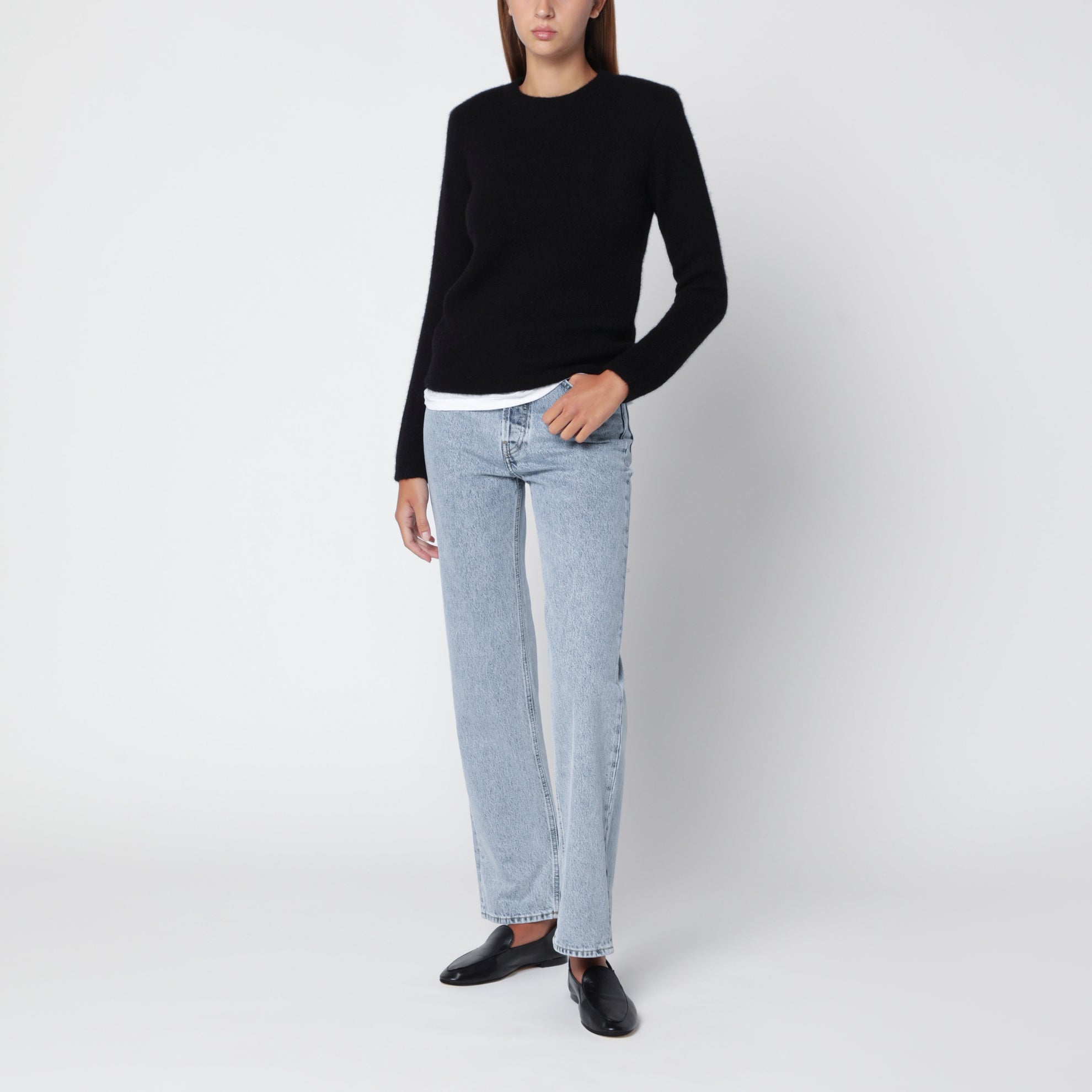 Pull col rond noir en mélange de soie et cachemire