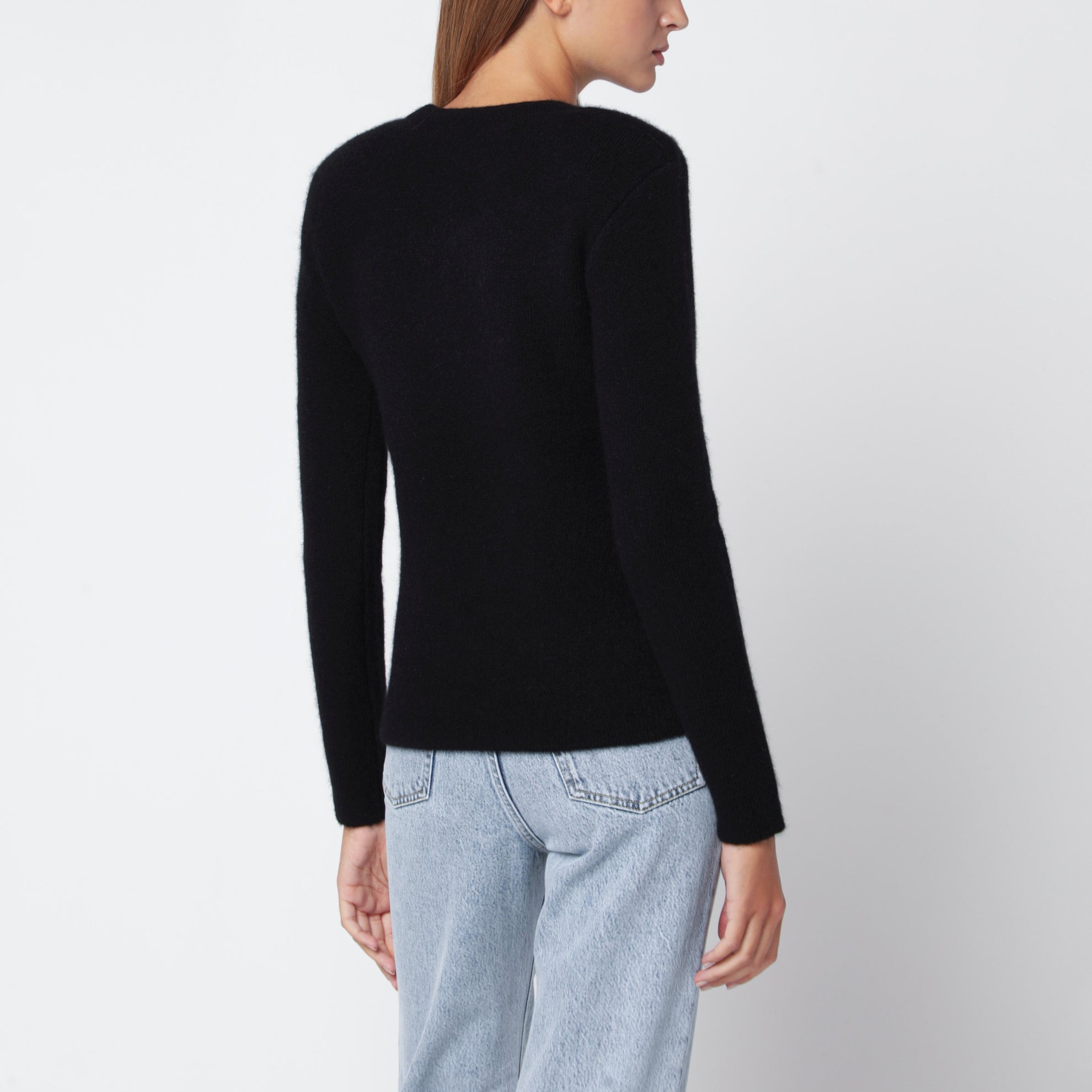 Pull col rond noir en mélange de soie et cachemire