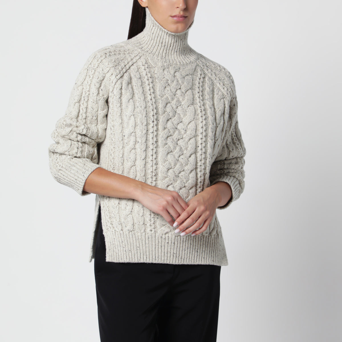 Ecru cable-knit wool turtleneck