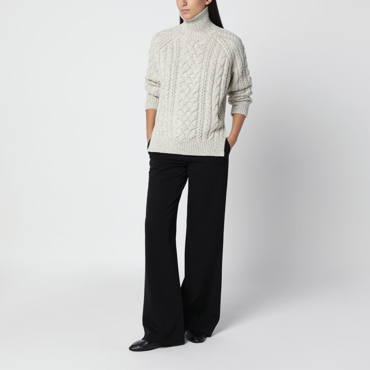Ecru cable-knit wool turtleneck