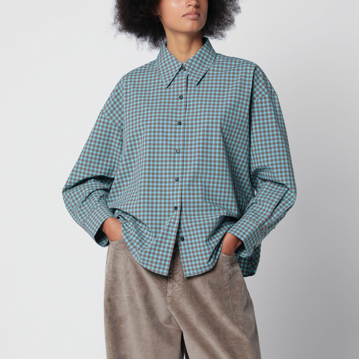 Chemise oversize à carreaux turquoise et orange en coton