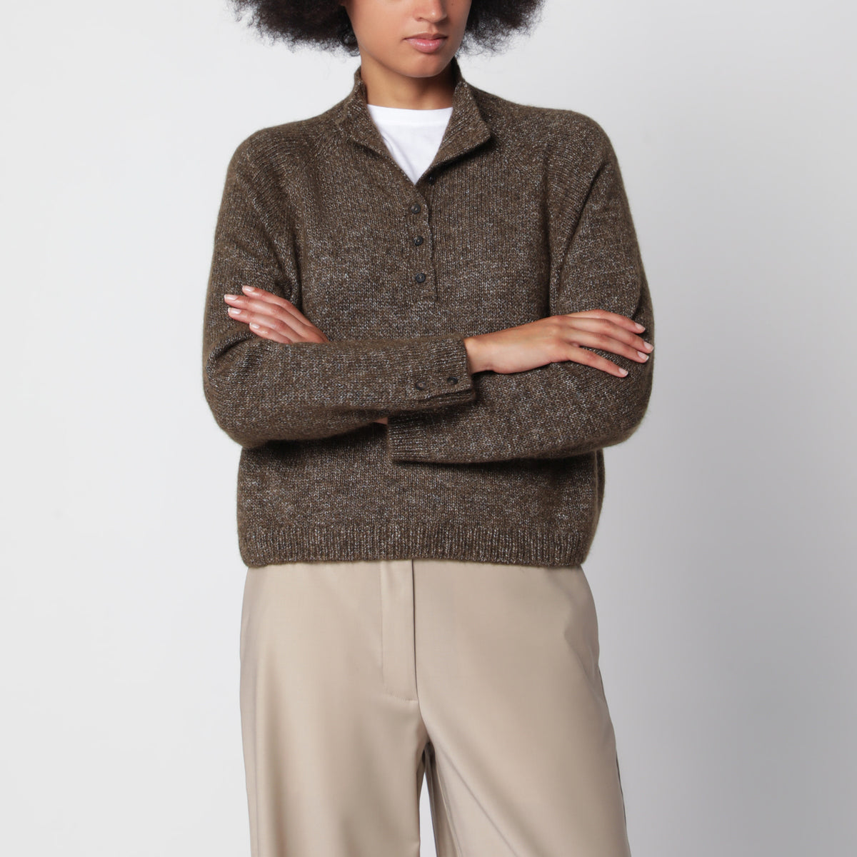 Maglione polo marrone mélange in misto cotone