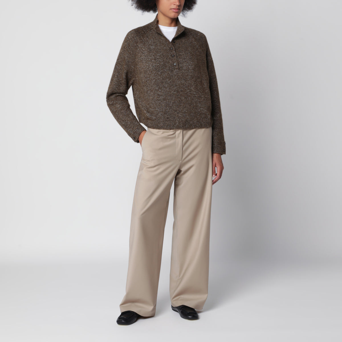 Maglione polo marrone mélange in misto cotone