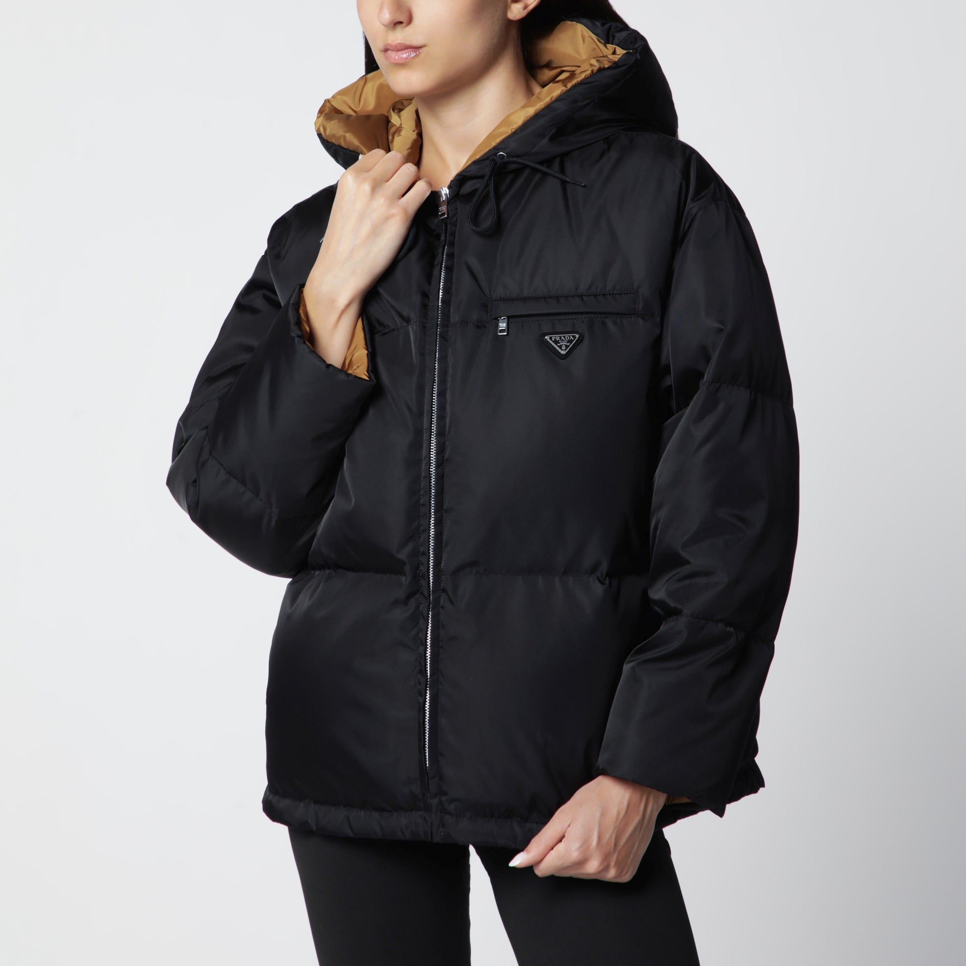 Black zip-up puffer jacket in Re-Nylon