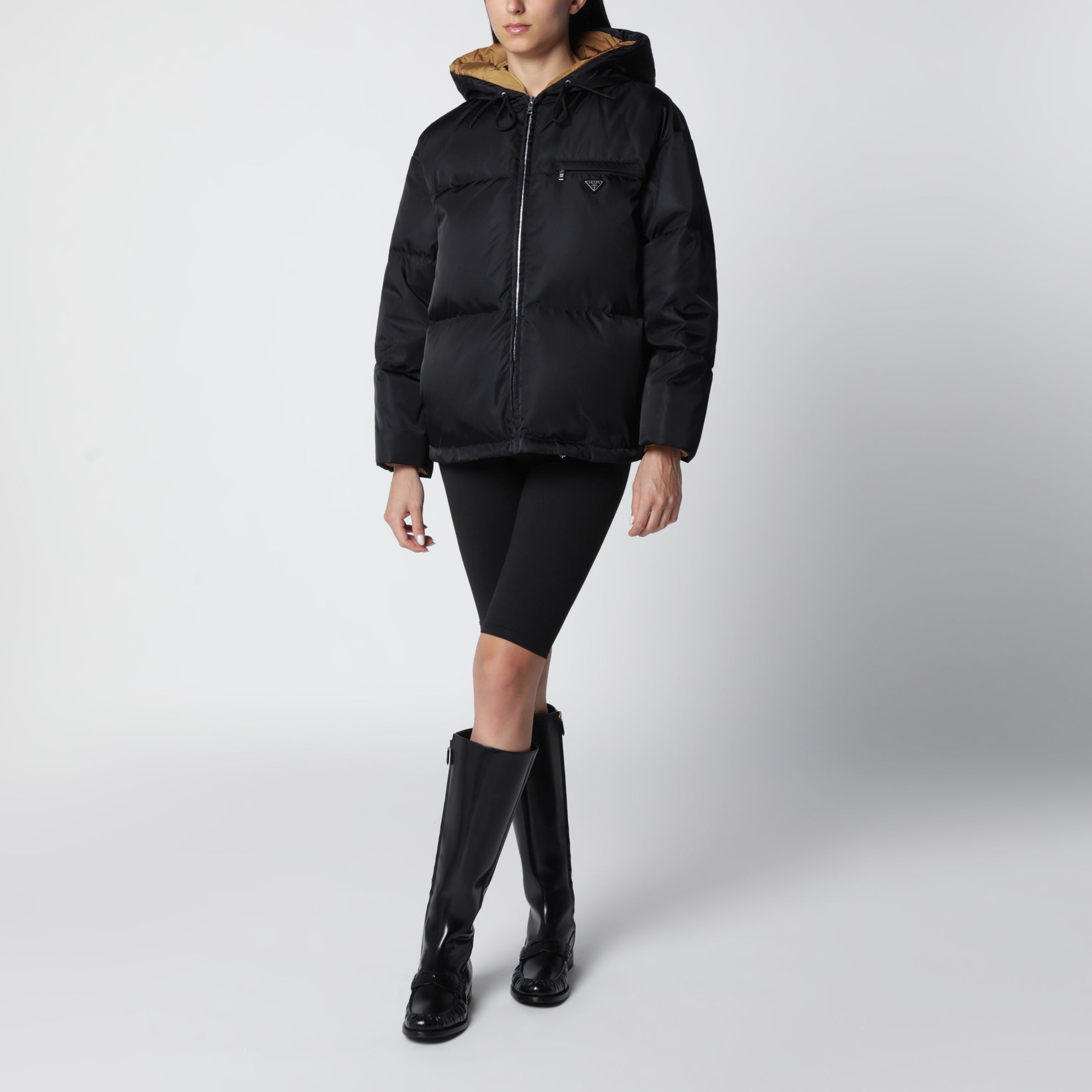 Black zip-up puffer jacket in Re-Nylon
