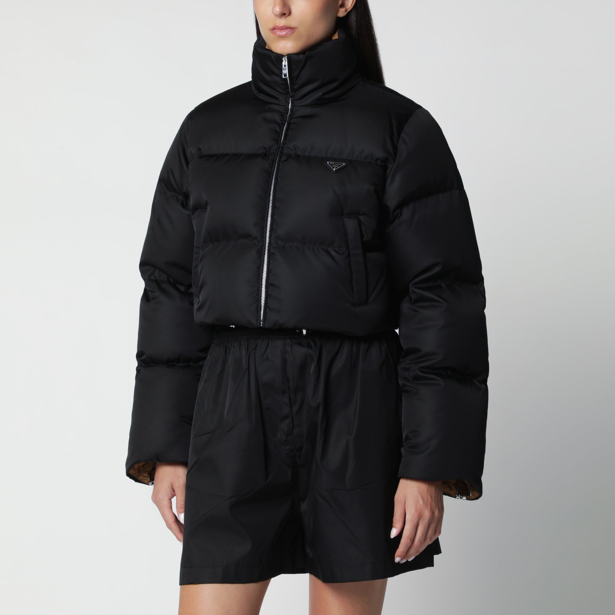 Black cropped Re-Nylon down jacket