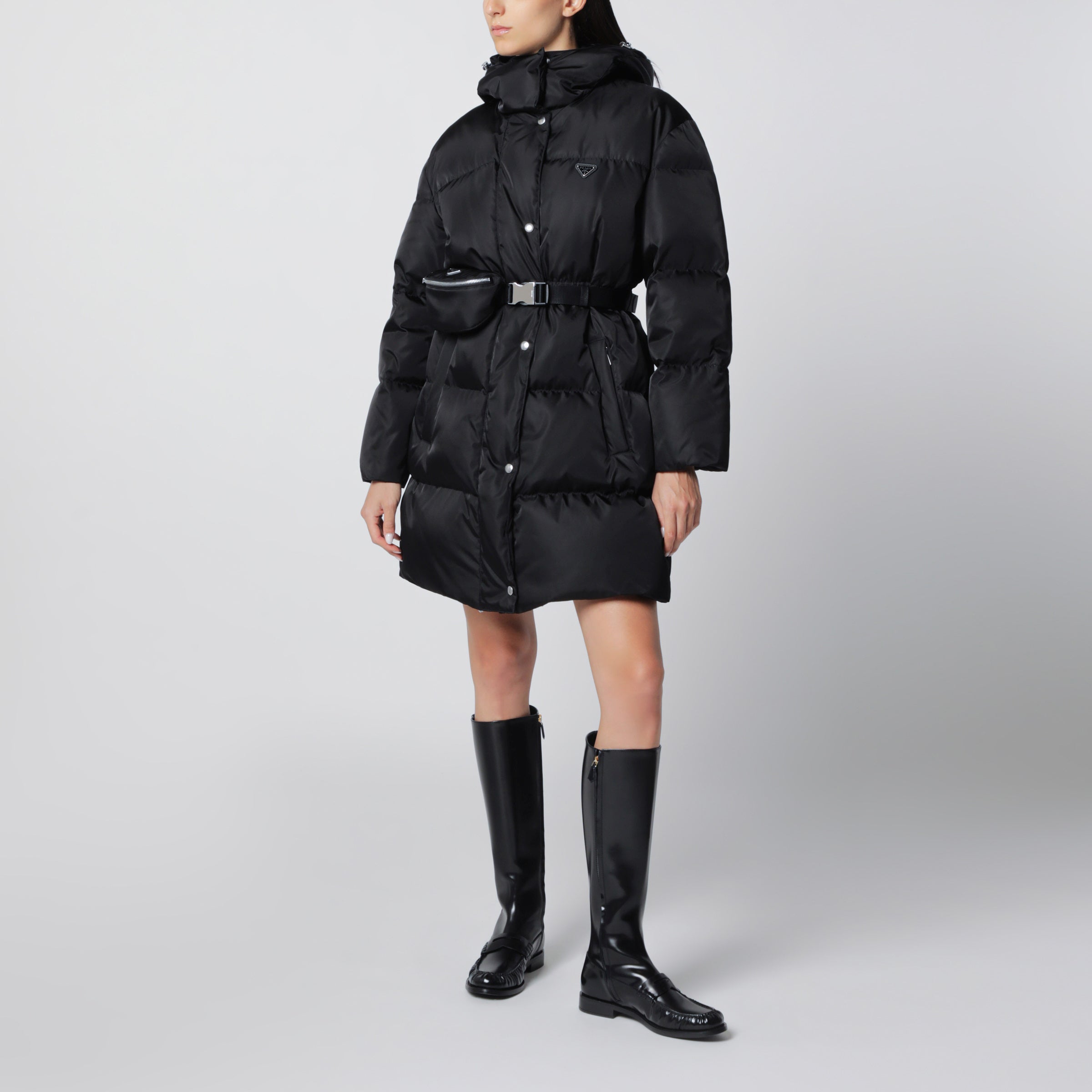 Prada Black Re-Nylon long down jacket with belt bag | TheDoubleF