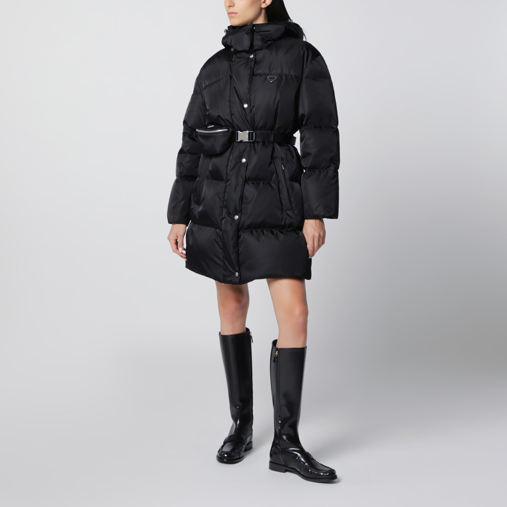 Black Re-Nylon long down jacket with belt bag