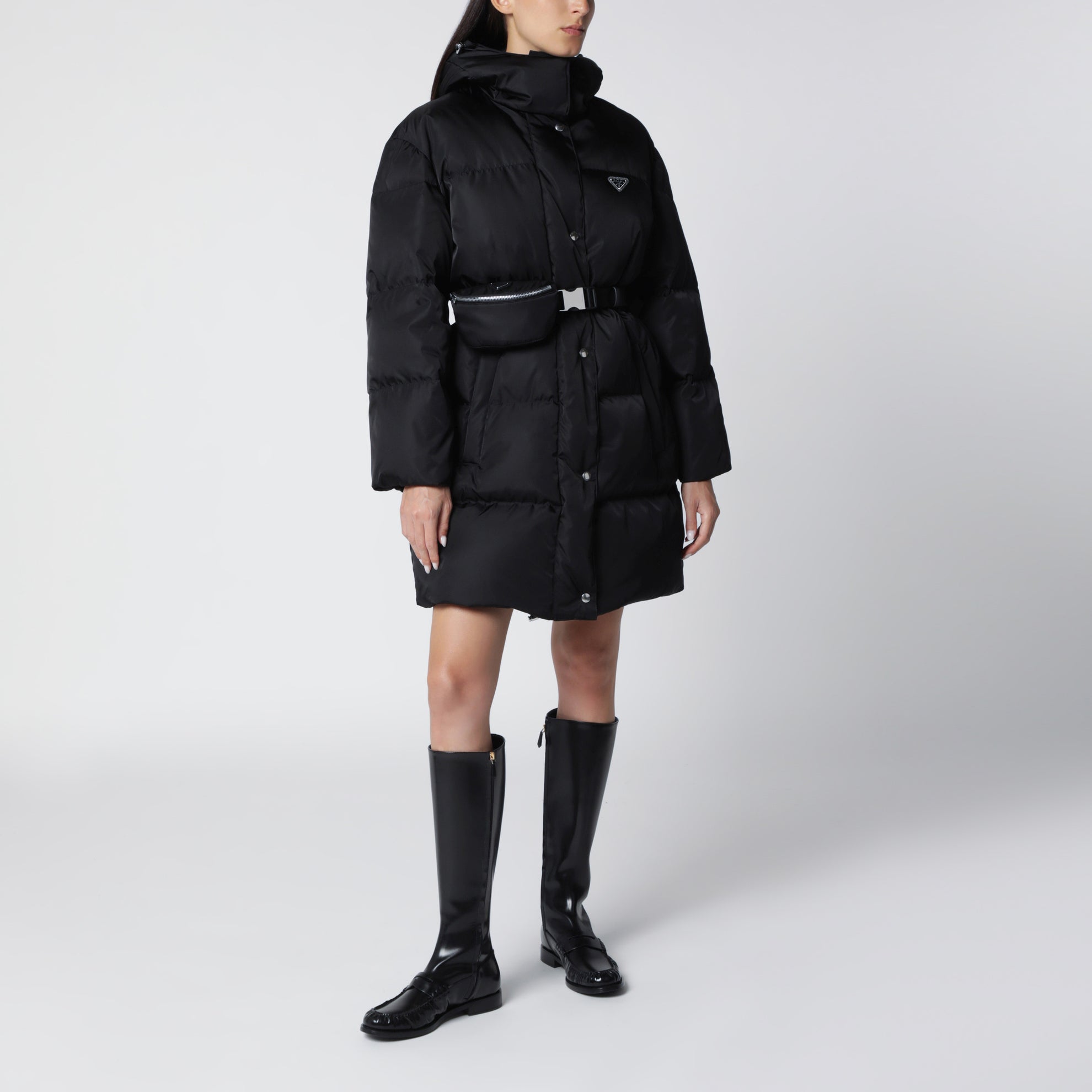 Black Re-Nylon long down jacket with belt bag