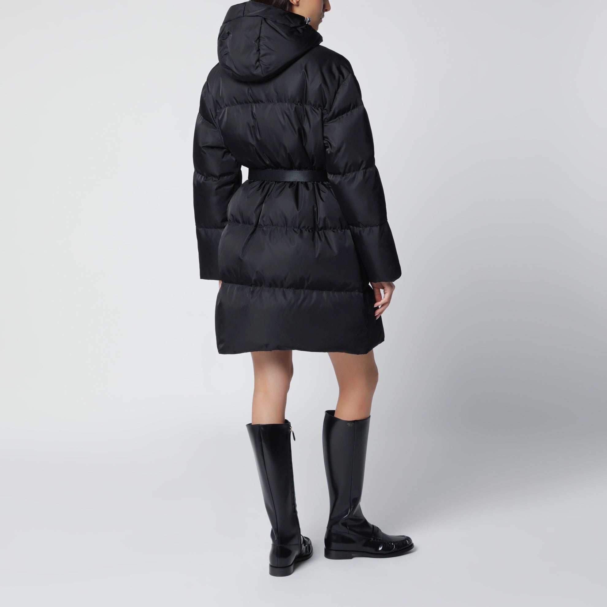 Black Re-Nylon long down jacket with belt bag