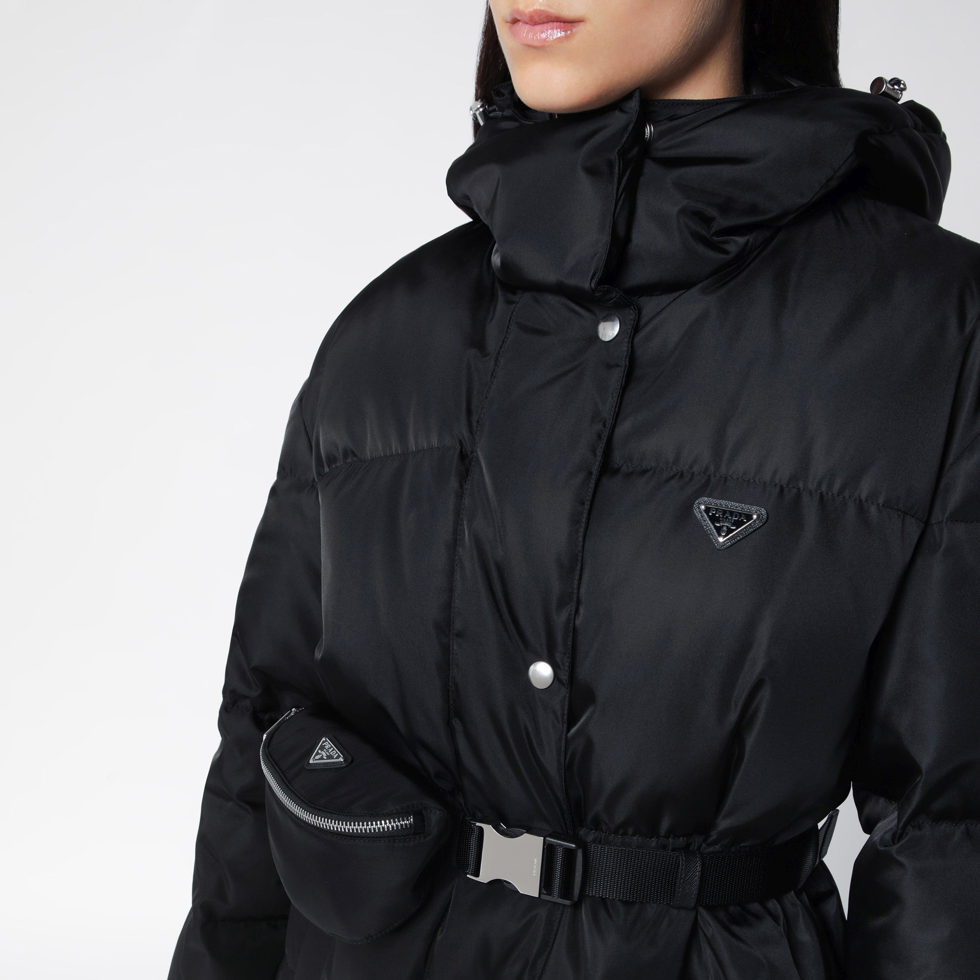 Black Re-Nylon long down jacket with belt bag