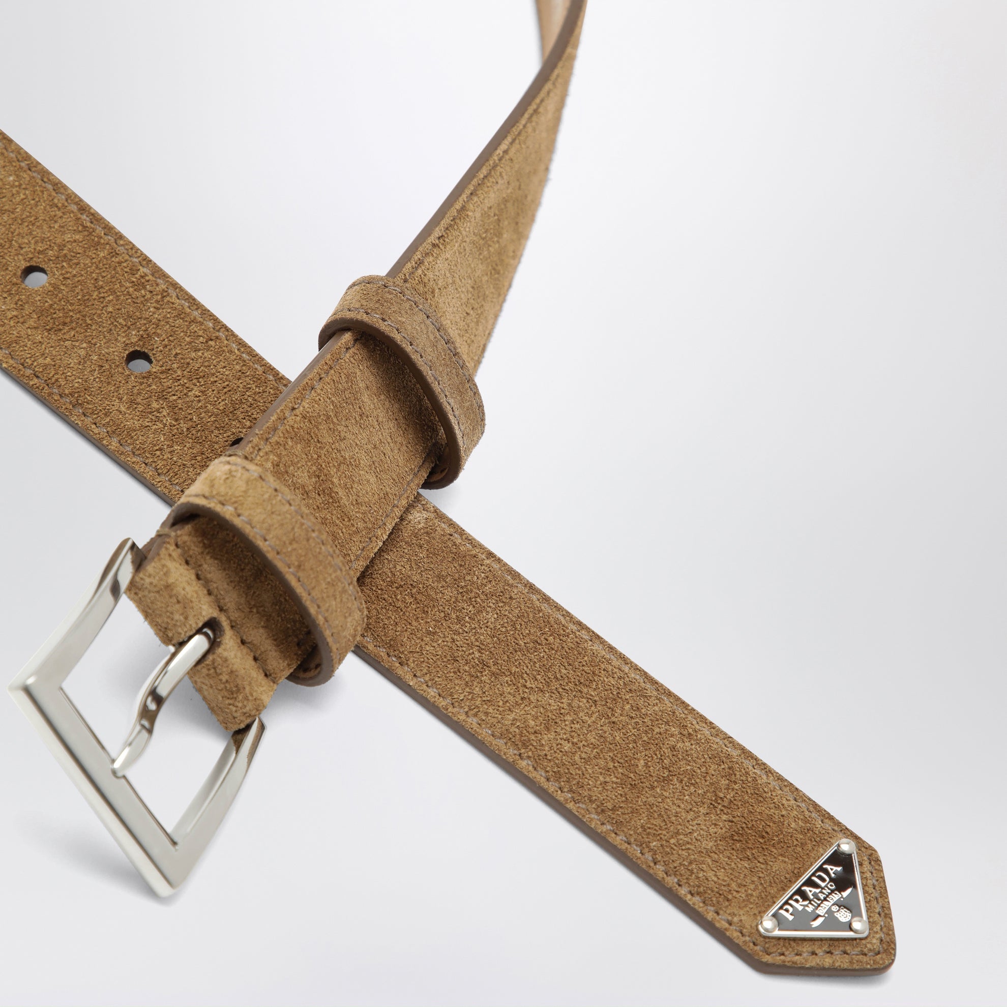 Suede leather belt with logo plaque