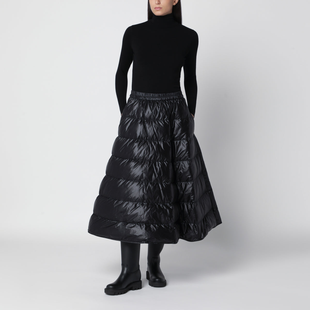 Black quilted padded midi skirt