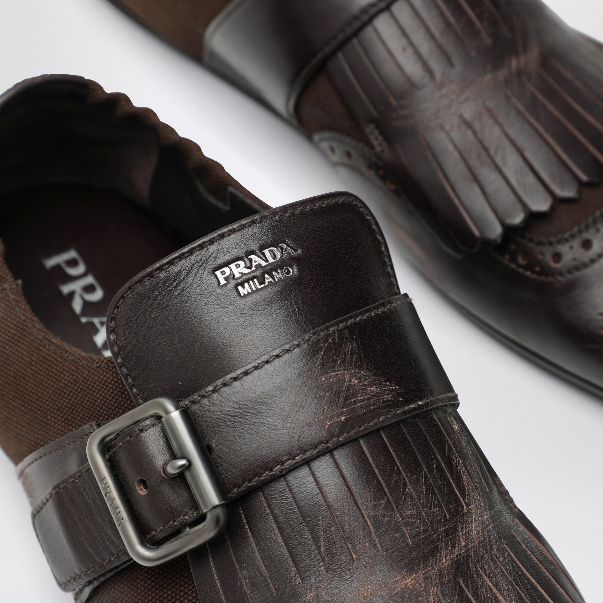 Prada Dark brown leather Shuffle buckle shoes | TheDoubleF