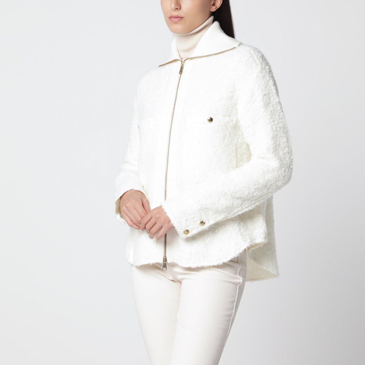 Giacca con zip bianca in tessuto bouclé