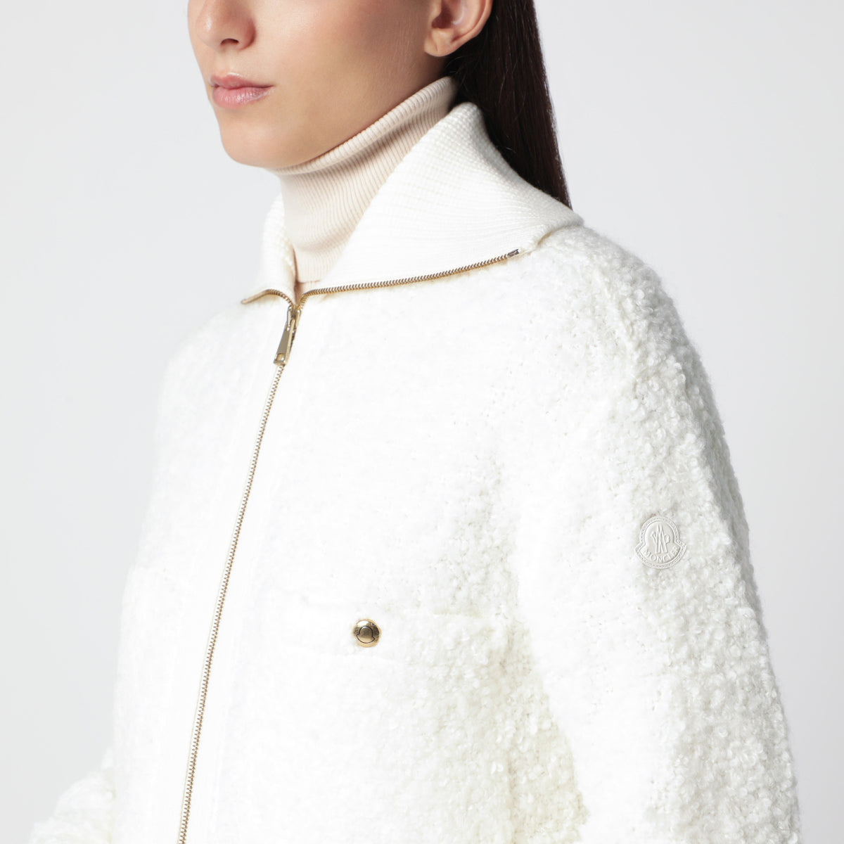 Giacca con zip bianca in tessuto bouclé