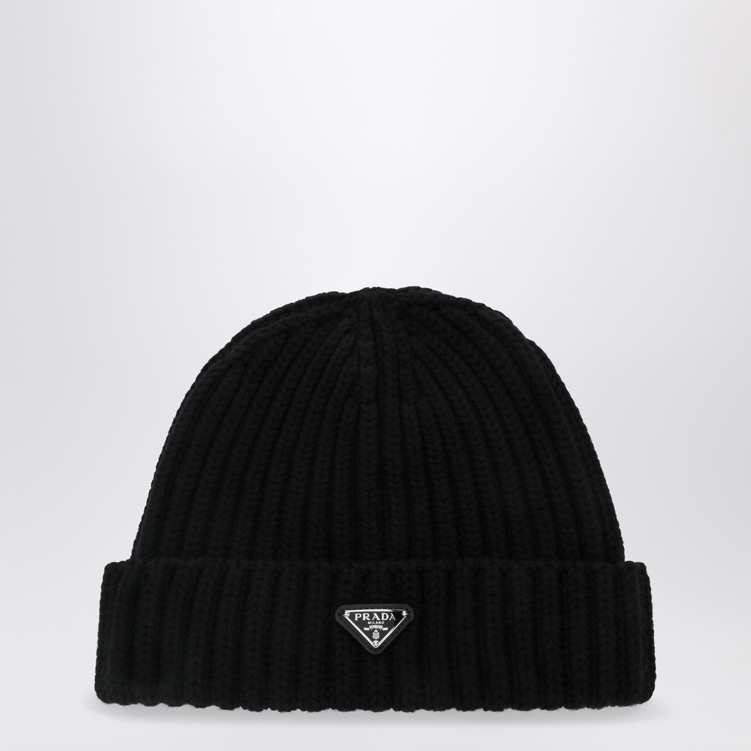 Prada Black virgin wool beanie with enamelled triangle logo