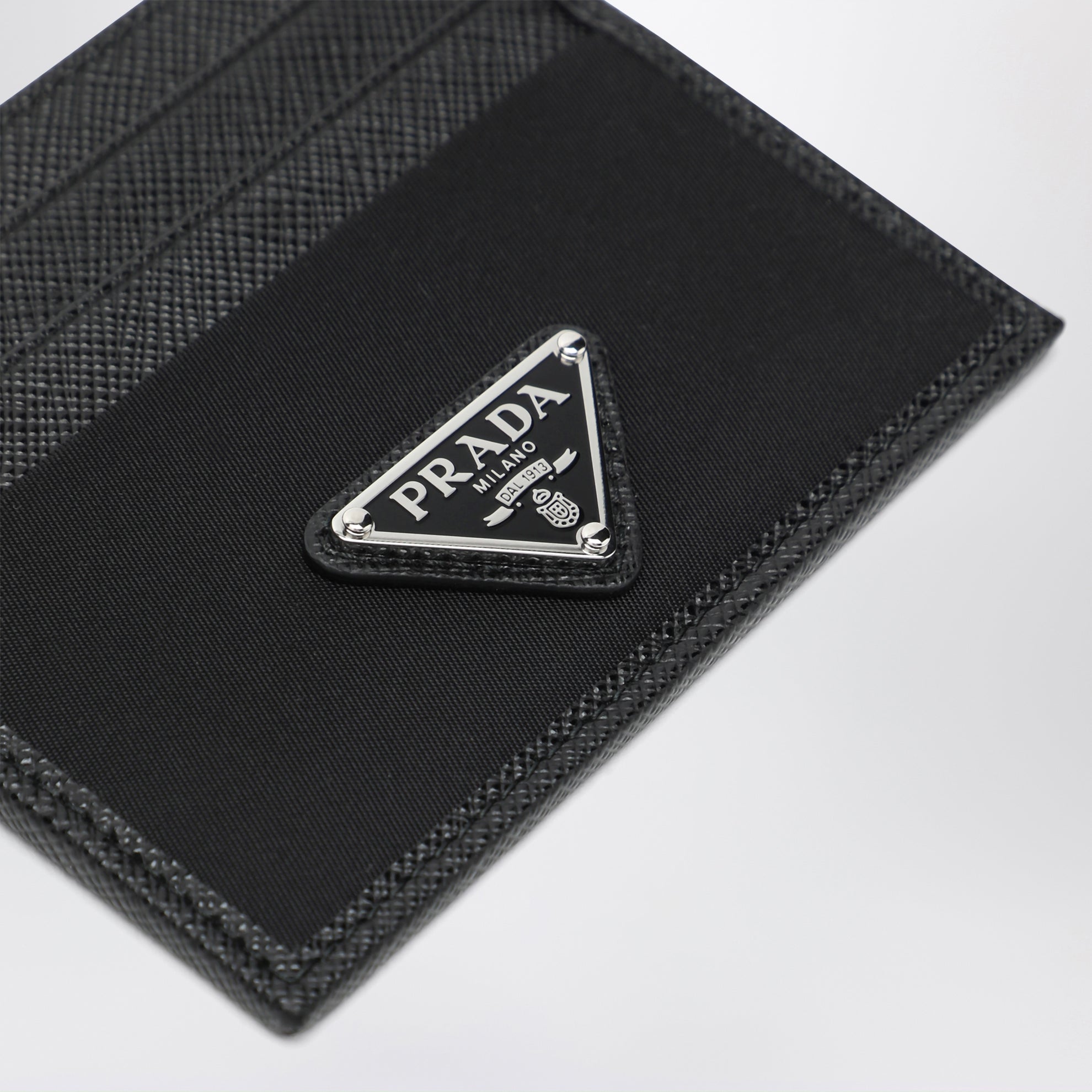 Black Saffiano card case with logo triangle