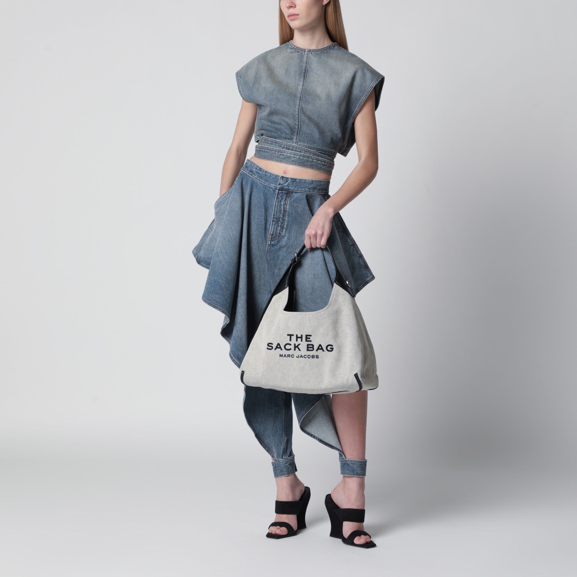 Sack Bag Beuteltasche aus Canvas und Leder Elfenbein/Schwarz