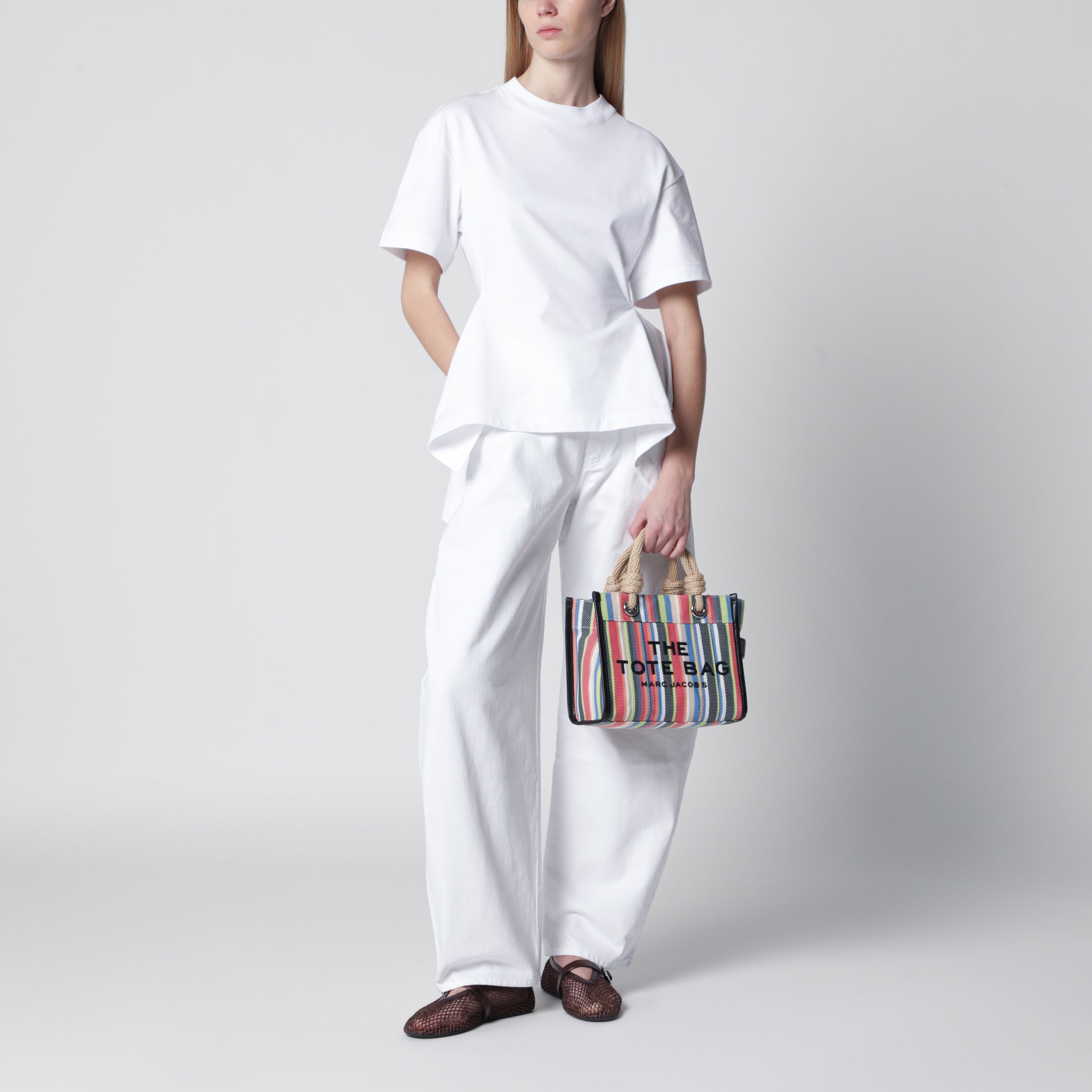 Small rainbow-striped mesh tote bag