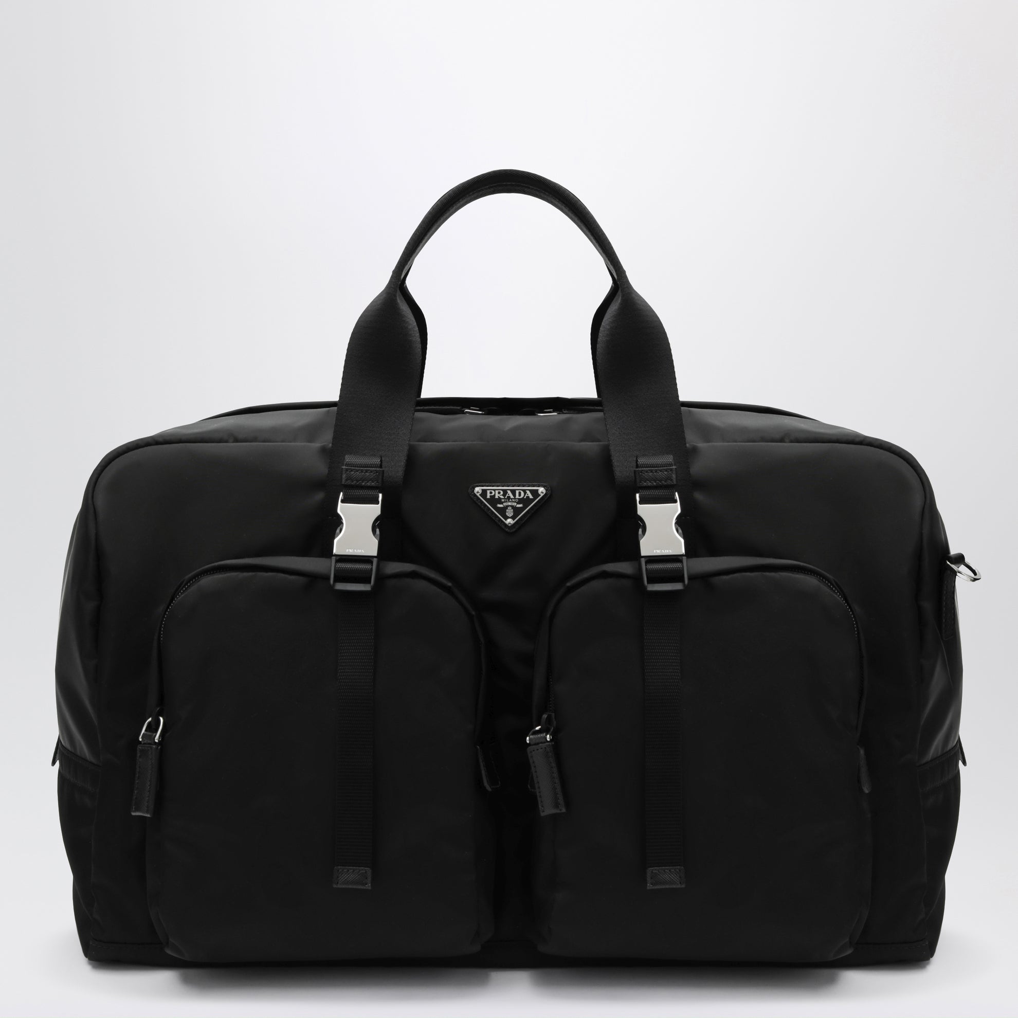Schwarze Reisetasche aus Re-Nylon und Saffiano-Leder