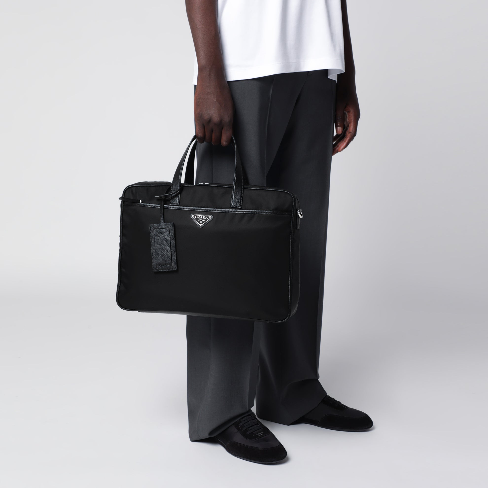 Borsa da lavoro in Re-Nylon e pelle Saffiano nera