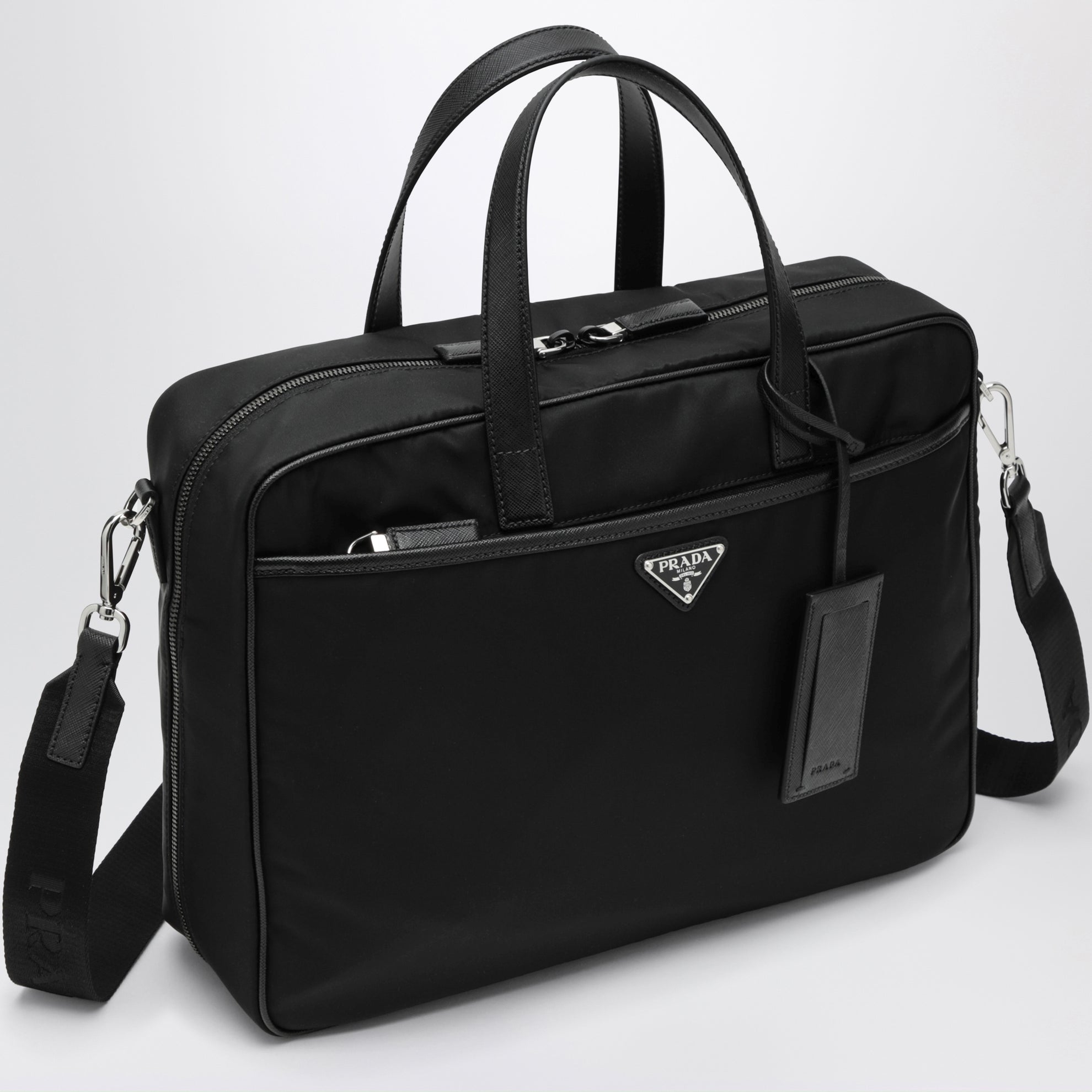 Borsa da lavoro in Re-Nylon e pelle Saffiano nera