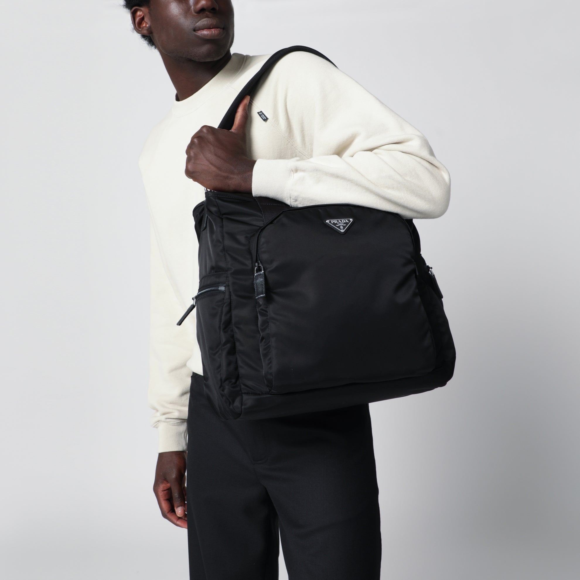 Black Re-Nylon and Saffiano shopping bag