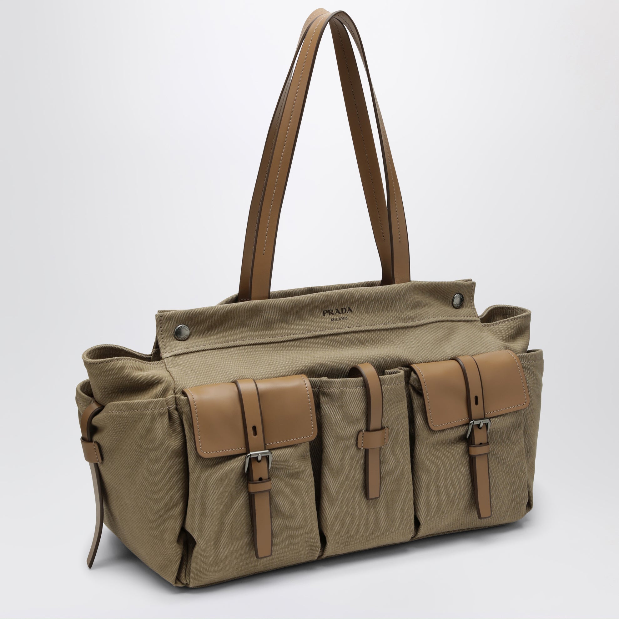 Sac shopping Prada Route large en toile et cuir kaki