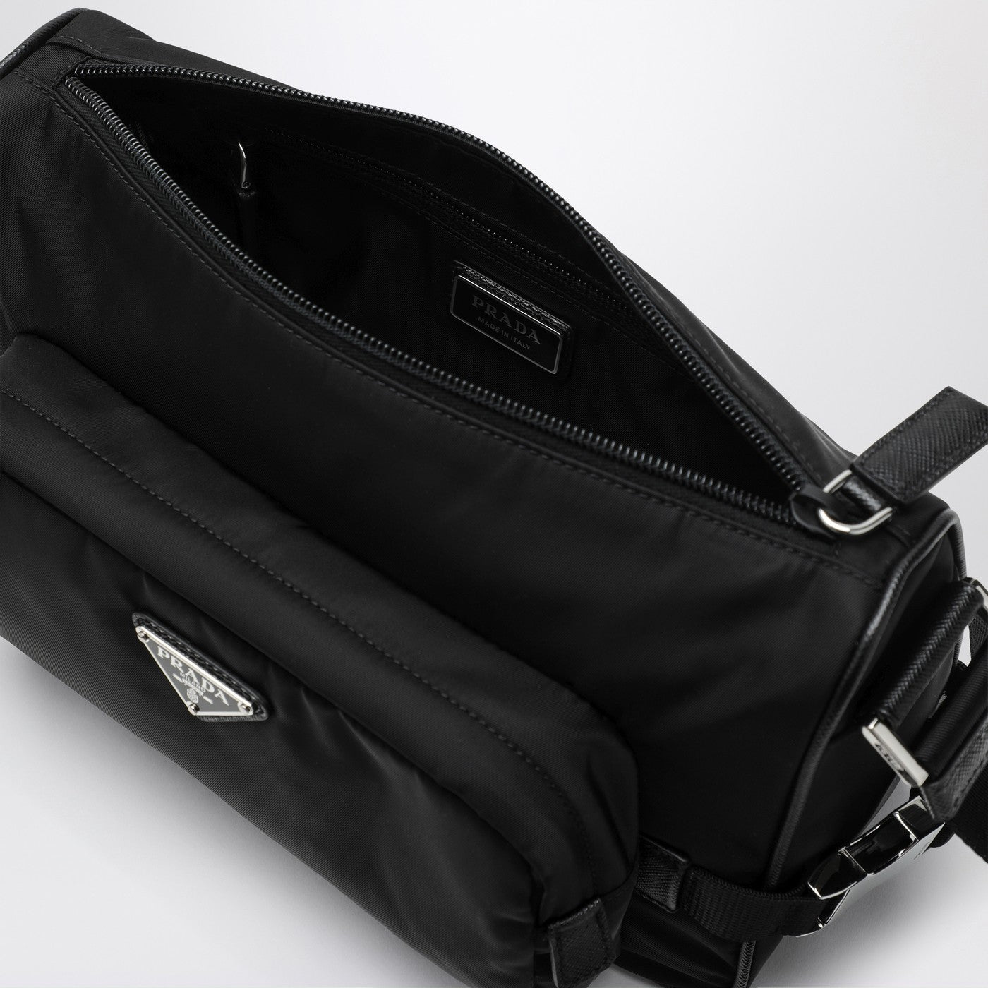 Medium black crossbody bag in Re-Nylon and Saffiano