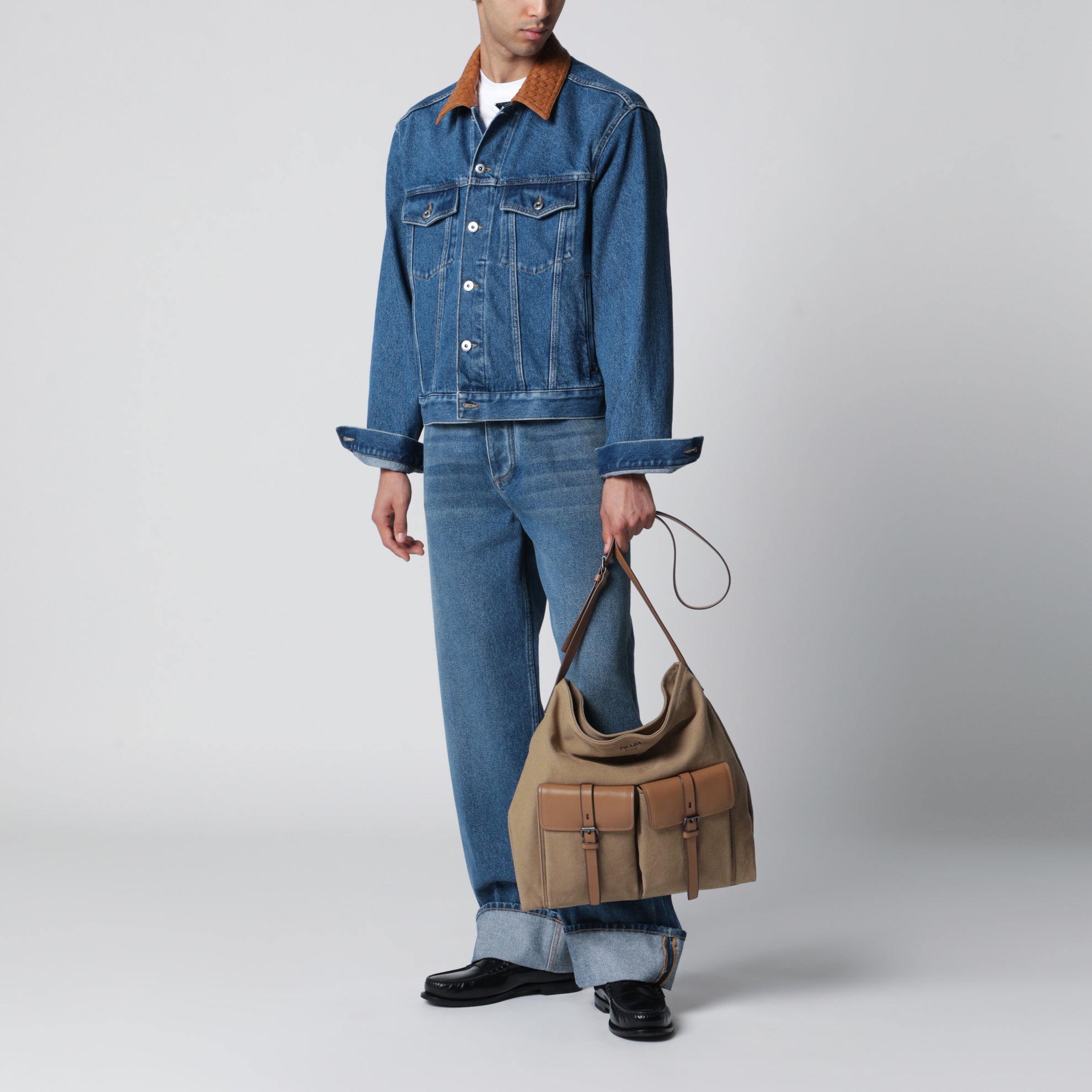 Khaki Prada Route canvas and leather crossbody bag