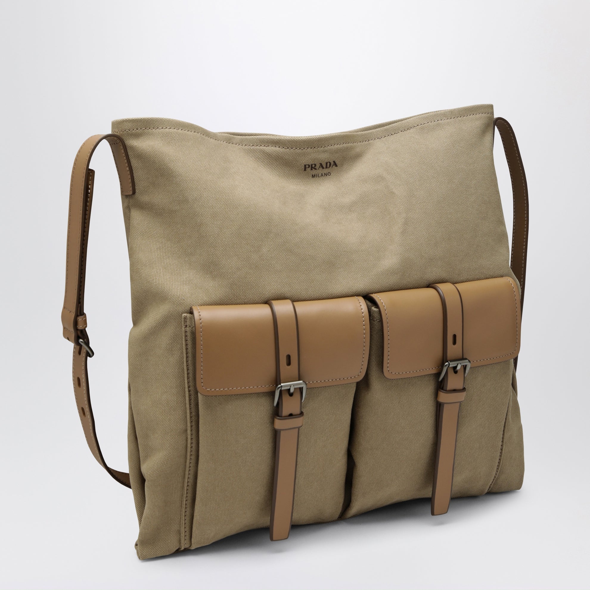 Khaki Prada Route canvas and leather crossbody bag