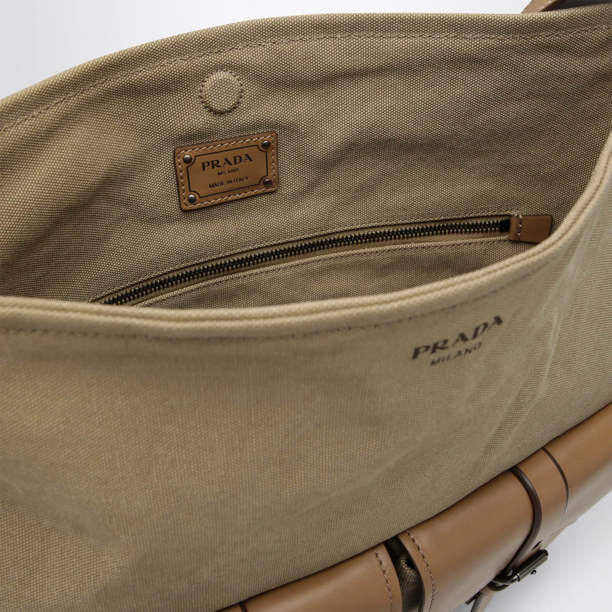 Khaki Prada Route canvas and leather crossbody bag