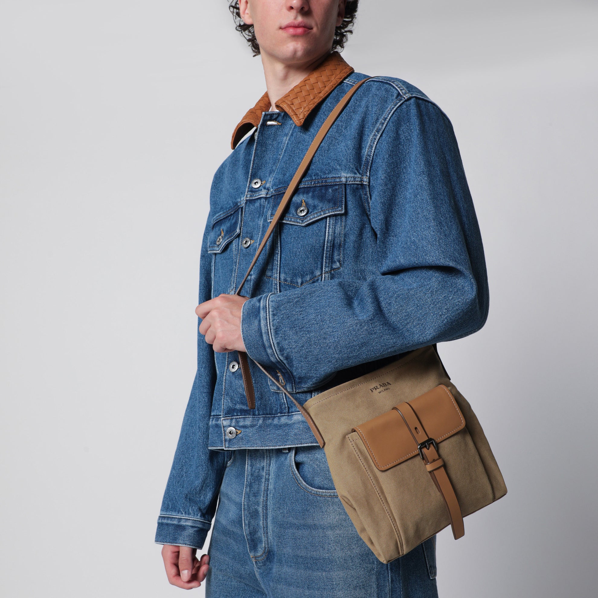 Route crossbody bag in canvas and khaki leather