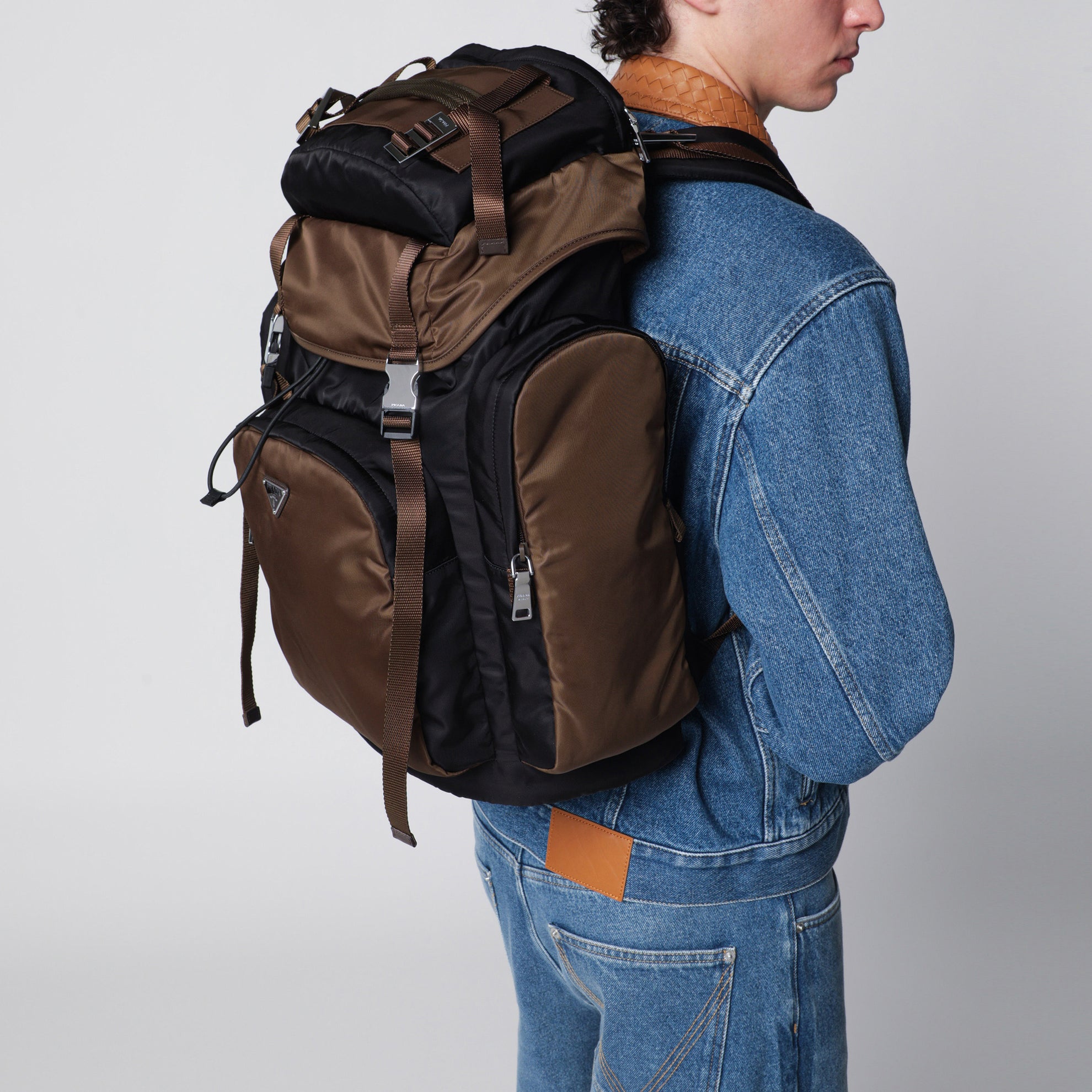 Backpack in Re-Nylon and leather black / burnt