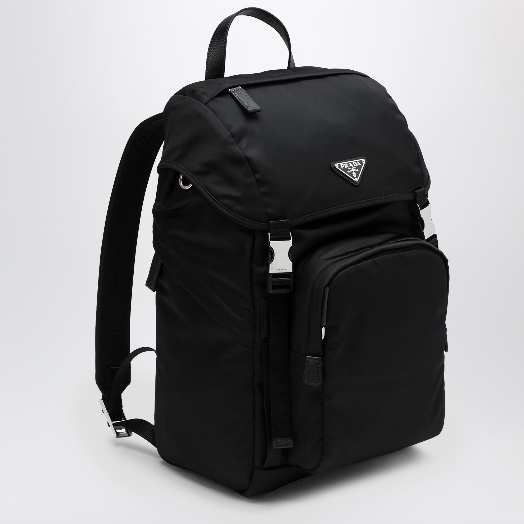 Black Re-Nylon backpack with snap fastener