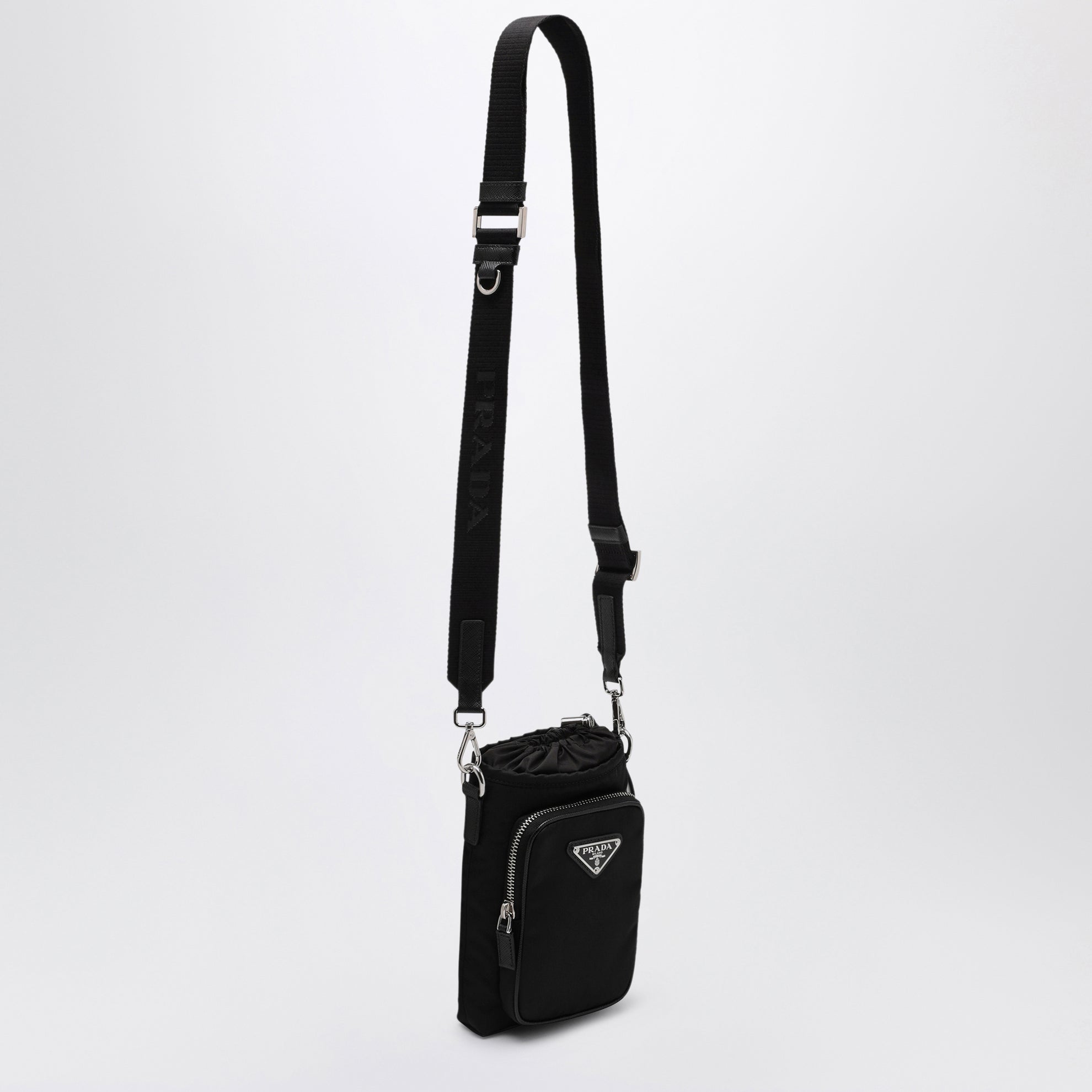 Black Re-Nylon phone case with shoulder strap