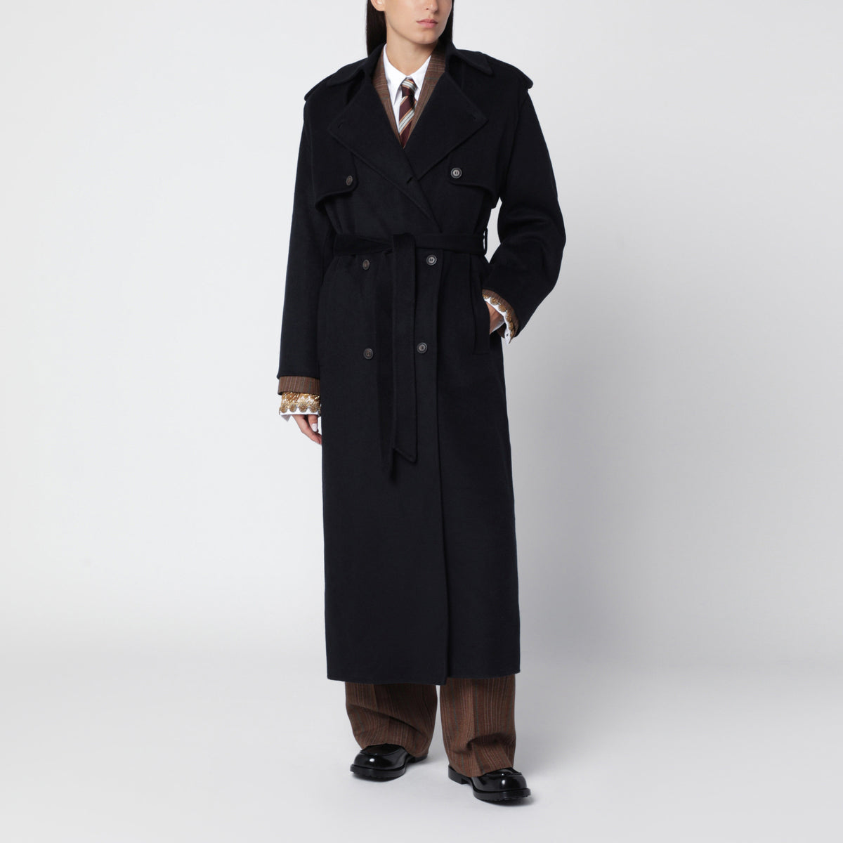 Dark navy blue double-breasted wool coat