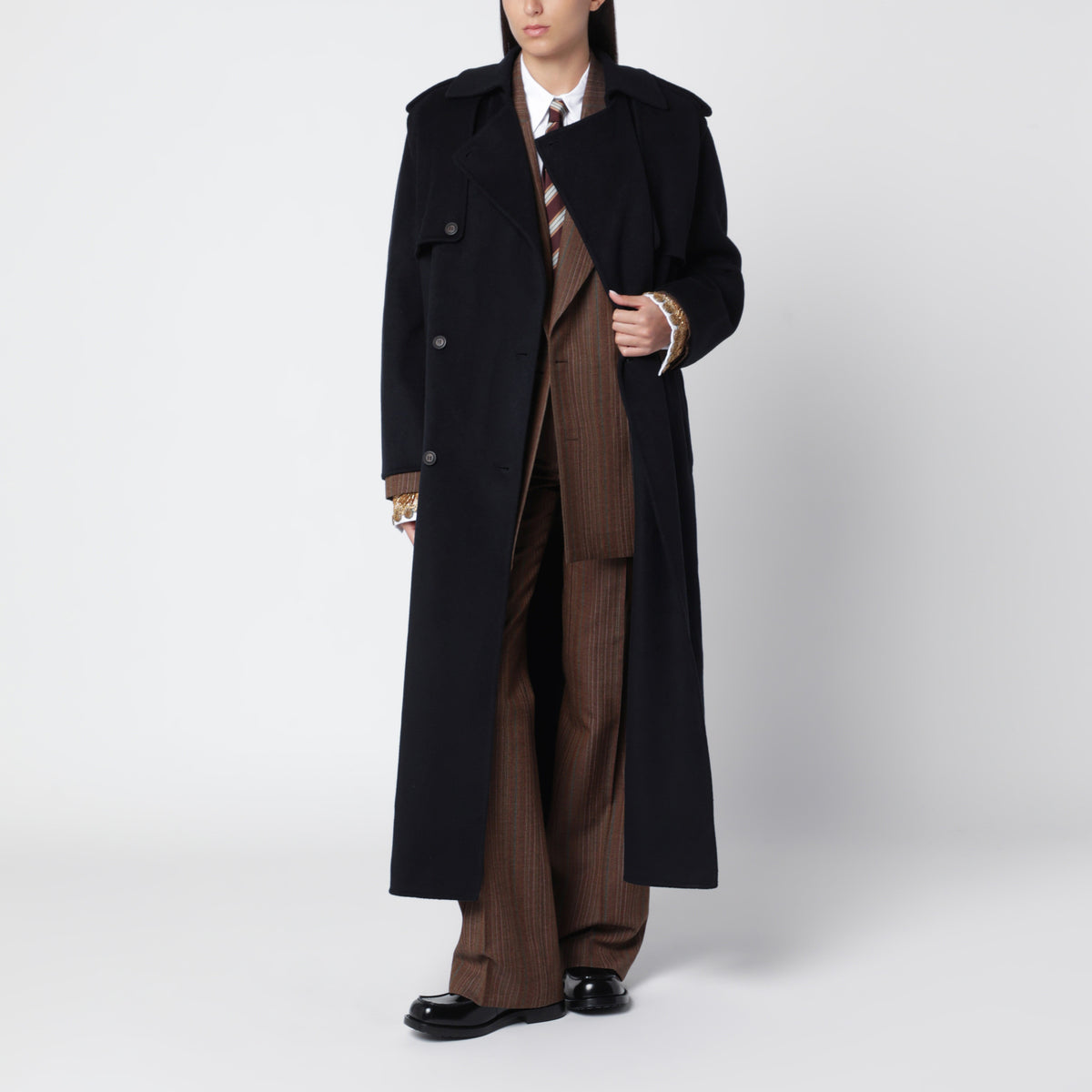 Dark navy blue double-breasted wool coat