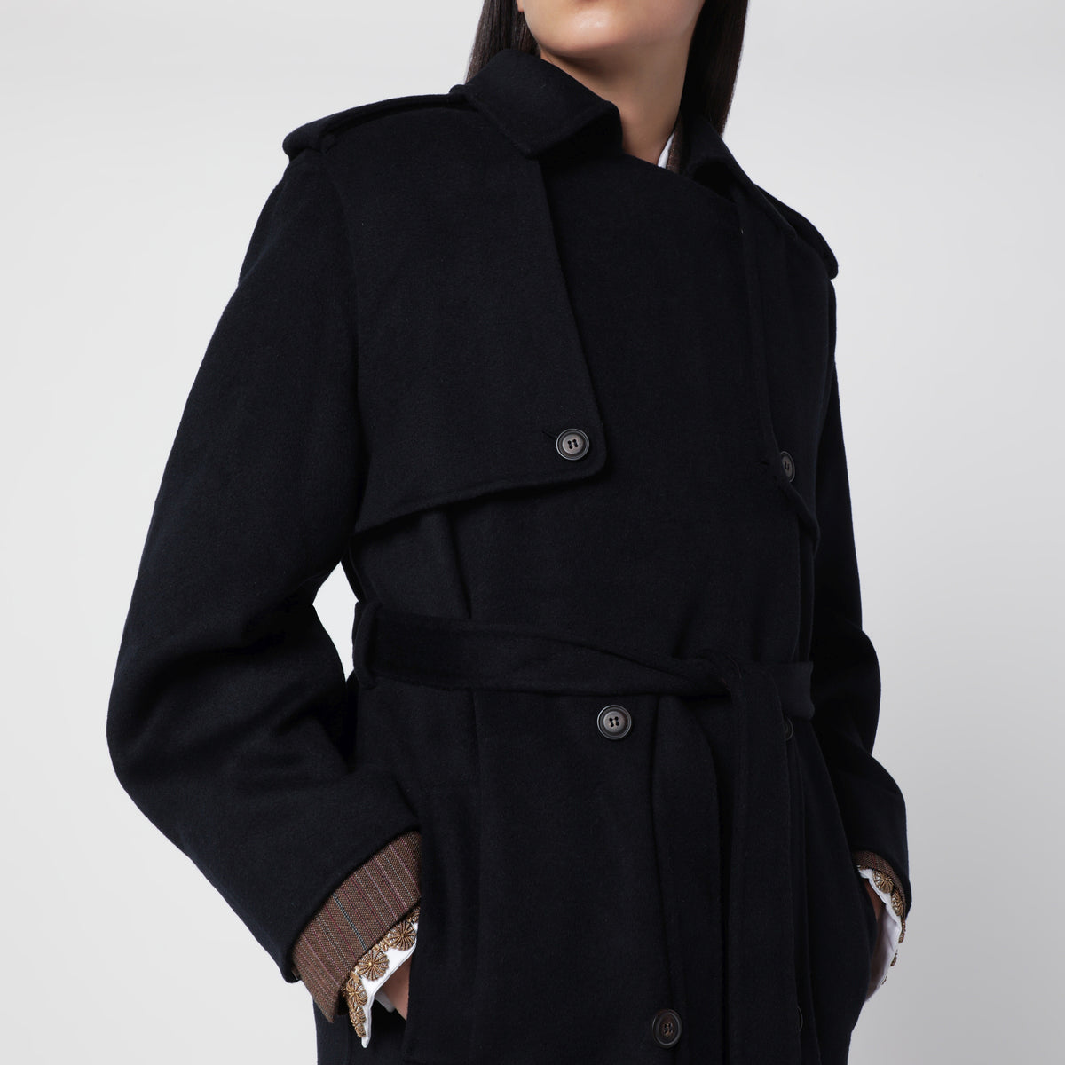 Dark navy blue double-breasted wool coat