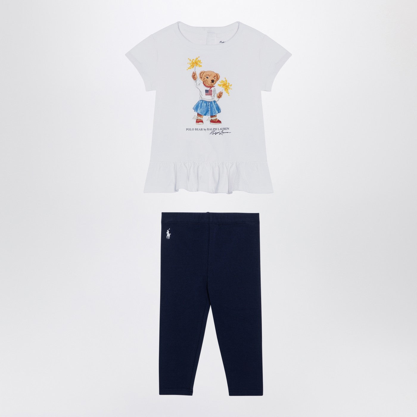 White/navy blue cotton two-piece set with print