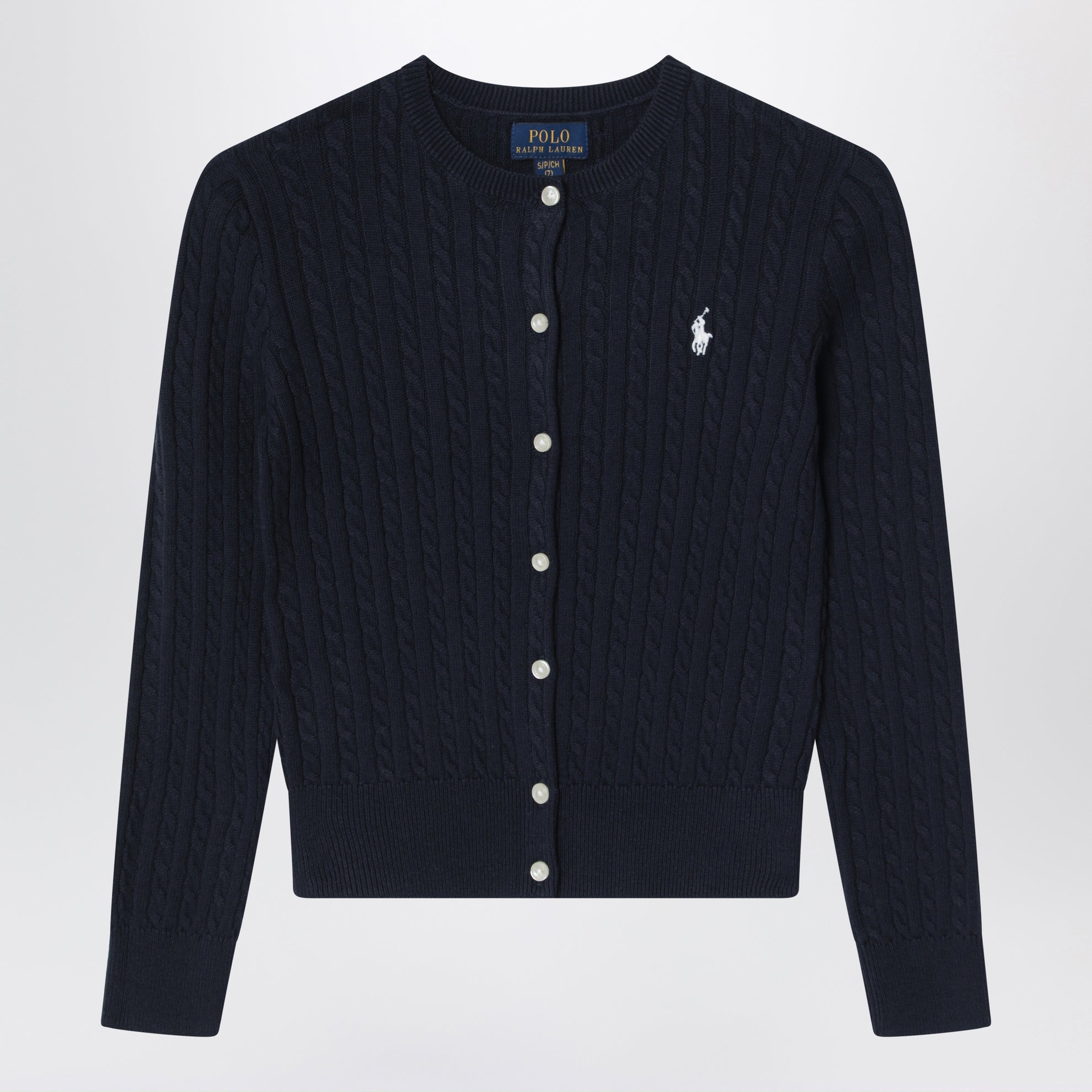 Navy blue fine cable-knit cotton cardigan