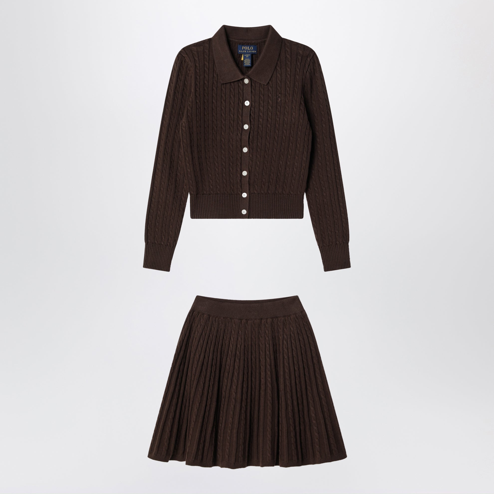 Ensemble composé d'un cardigan polo et d'une jupe en coton marron