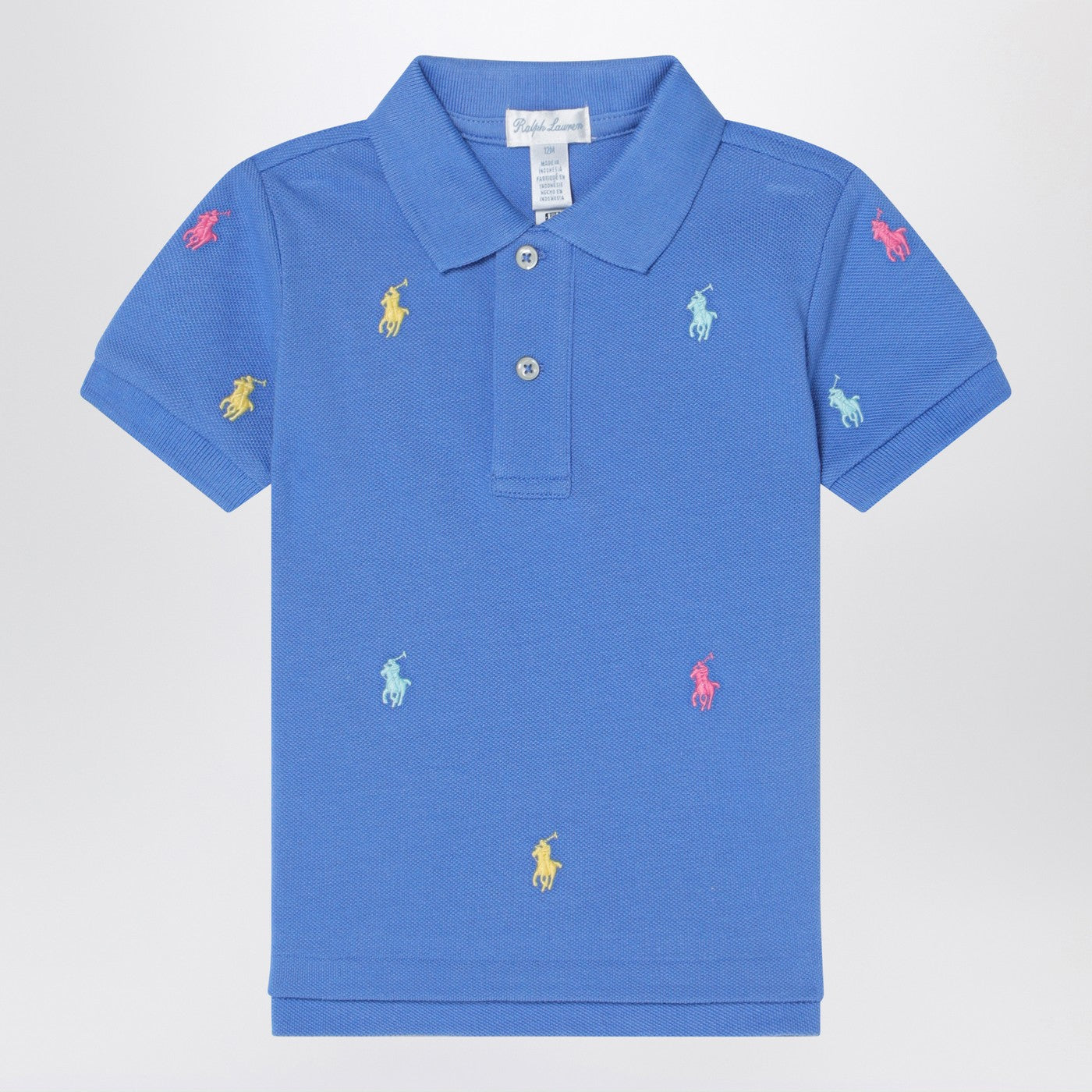 Light blue polo shirt with colourful logo embroidery