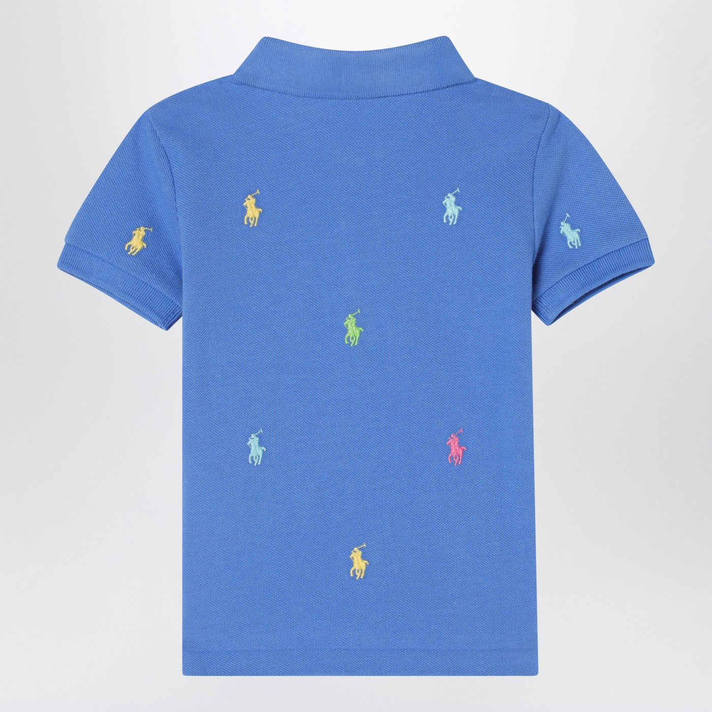 Light blue polo shirt with colourful logo embroidery