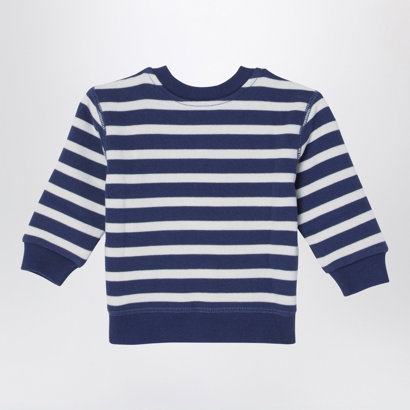 White/navy blue striped sweatshirt with print