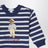 White/navy blue striped sweatshirt with print