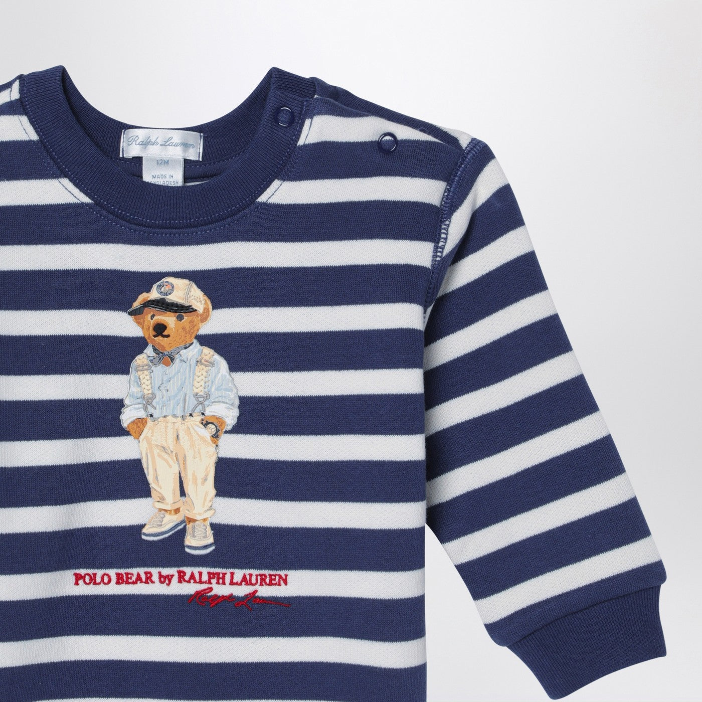 White/navy blue striped sweatshirt with print