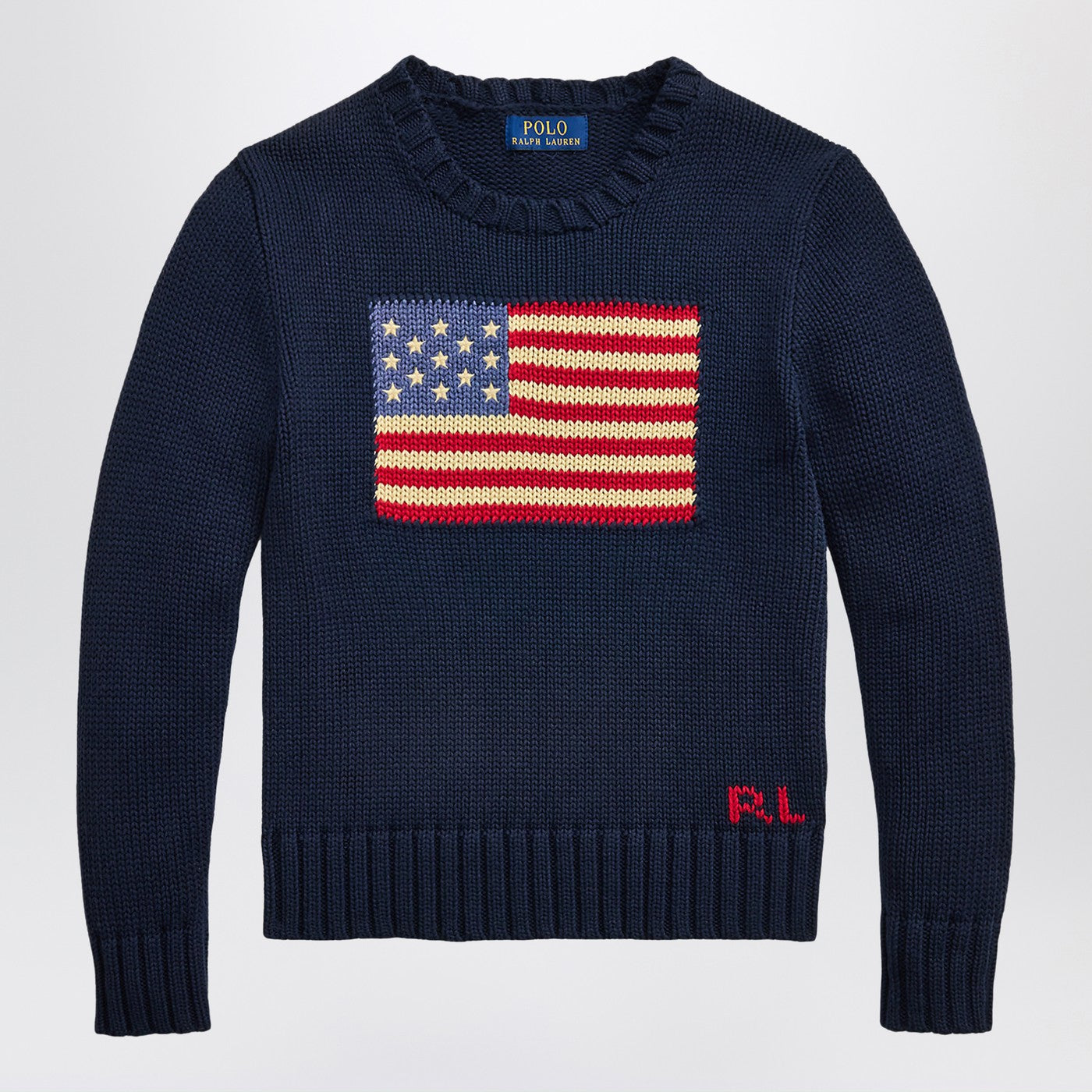 Navy blue sweater with flag intarsia
